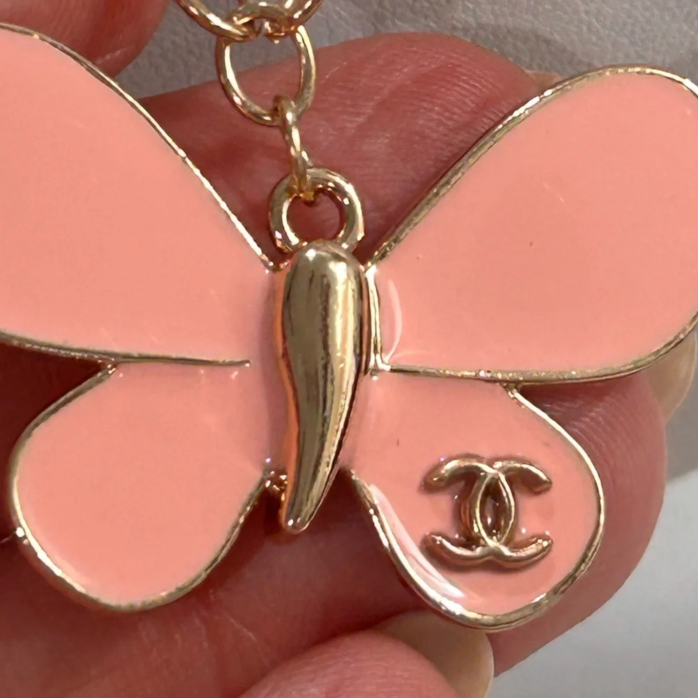 You Pick ⛏️🌟 White or Pink Butterfly Chanel Zipper pull on gold Necklace - Picture 2 of 8